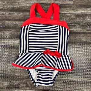 Baby Girls Size 12 Months Cat & Jack Swimsuit Navy & White Striped & Red Accents